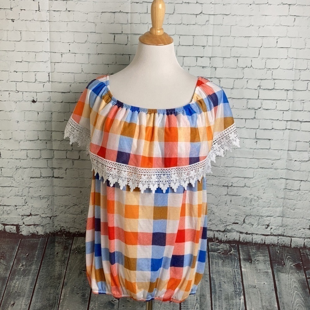 Paper + Tee Eyelet Lace Orange Blue White Checkered Off Shoulder Top 2X Preppy